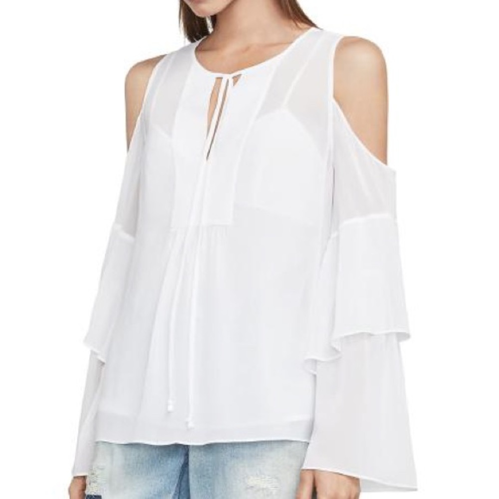 BCBG Max Azria Ruffled Cold Shoulder in White